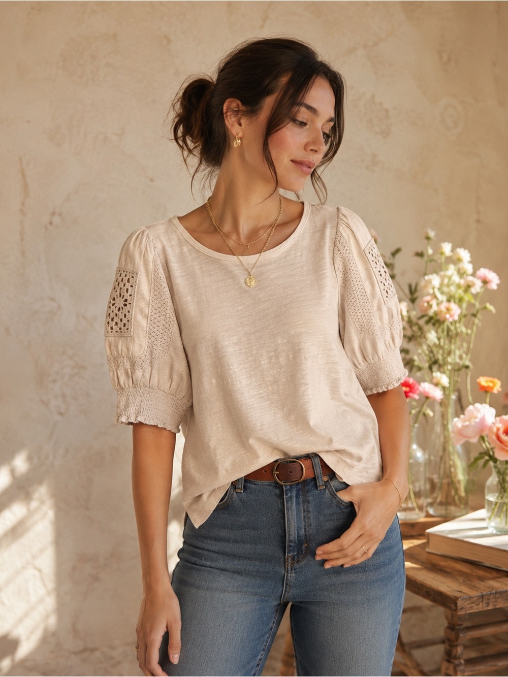 Design History 100% Cotton Puff Sleeve Crochet Lace T-Shirt Blush Pink S